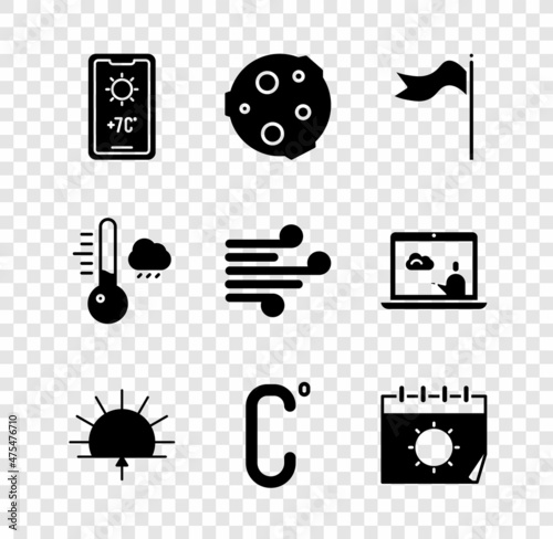 Set Weather forecast, Moon, Meteorology windsock wind vane, Sunrise, Celsius, Calendar and sun, thermometer and Wind icon. Vector