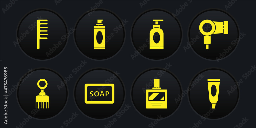 Set Hairbrush, dryer, Bar of soap with foam, Aftershave, Cream or lotion cosmetic tube, Shaving gel, and icon. Vector Set Hairbrush, dryer, Bar of soap with foam, Aftershave, Cream or lotion cosmetic tube, Shaving gel, and icon. Vector