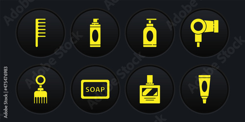 Set Hairbrush, dryer, Bar of soap with foam, Aftershave, Cream or lotion cosmetic tube, Shaving gel, and icon. Vector