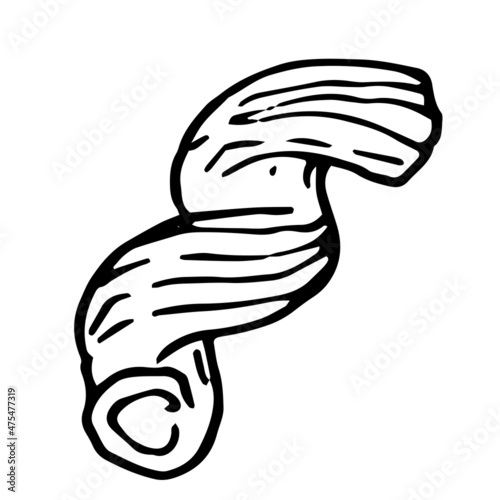 the icon is made of cavatappi paste twisted into a spiral. Vector pattern of one dry paste drawn in sketch style black outline on white for a design template. italian cavatappi for packaging