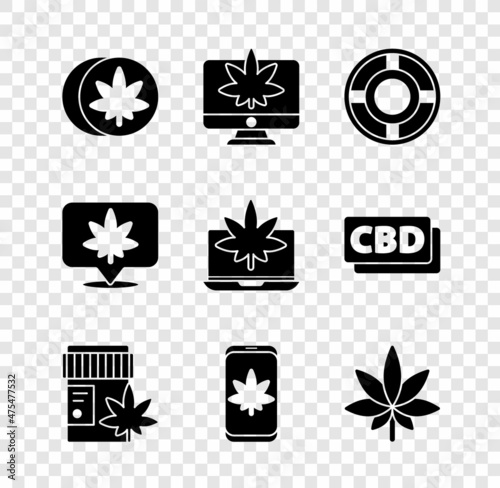 Set Herbal ecstasy tablets, Monitor and marijuana or cannabis, Ashtray, Medical bottle with, Mobile, Marijuana leaf, Location and Laptop icon. Vector