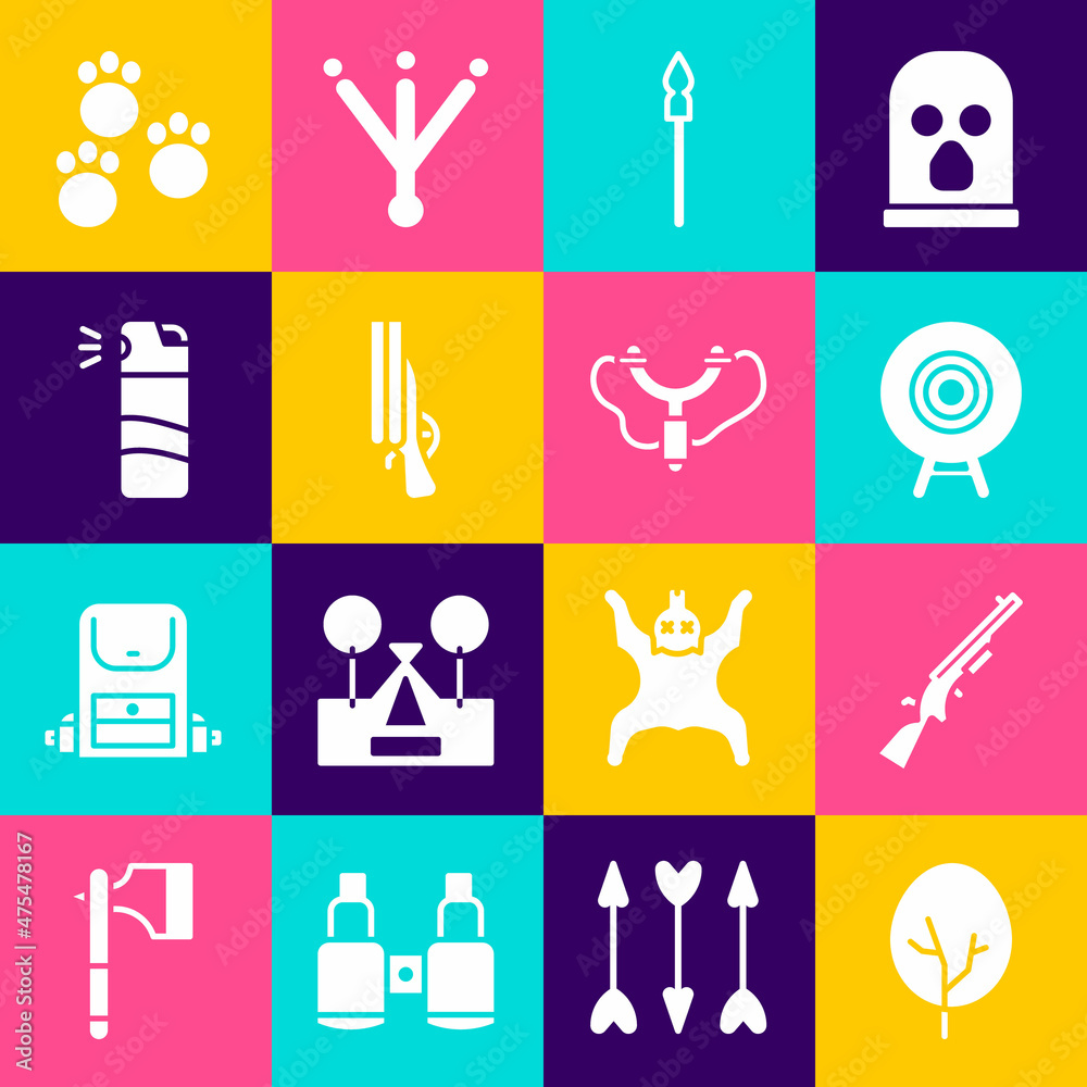 Set Tree, Shotgun, Target sport, Medieval spear, Pepper spray, Paw print and Slingshot icon. Vector