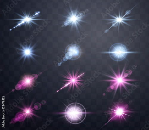 Pink and blue lens flares set. Isolated on transparent background. Sun flash with rays or spotlight and bokeh. Glow flare light effect.