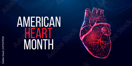 American heart month concept. Wireframe low poly style.   Abstract modern 3d vector illustration on dark blue background.