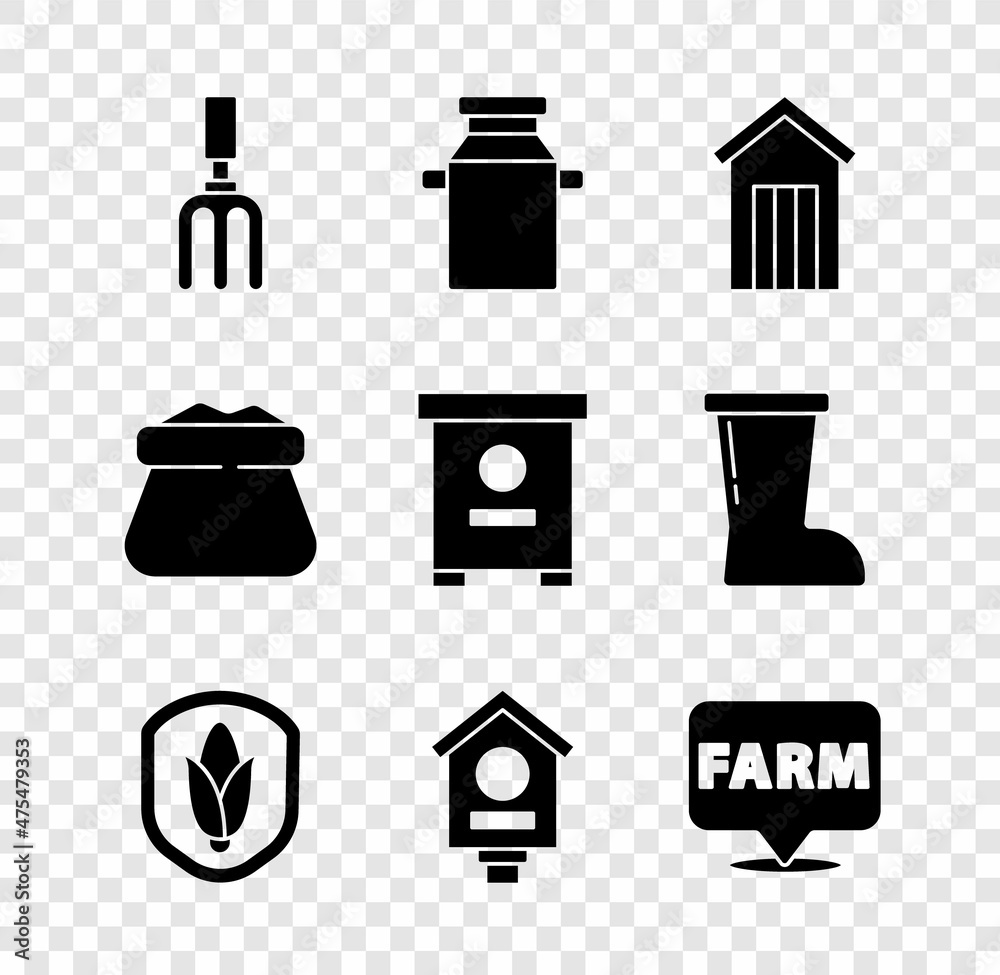 Set Garden rake, Can container for milk, Wooden outdoor toilet, Shield corn, Bird house, Location farm, Full sack and Hive bees icon. Vector Set Garden rake, Can container for milk, Wooden outdoor toilet, Shield corn, Bird house, Location farm, Full sack and Hive bees icon. Vector