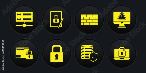 Set Folder and lock, Monitor with exclamation mark, Lock, Server shield, Firewall, security wall, Tablet closed padlock, Laptop and Server, Data, Web Hosting icon. Vector