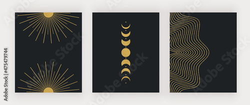Golden moon celestial and sun on the black backgrounds. Vector wall art prints
