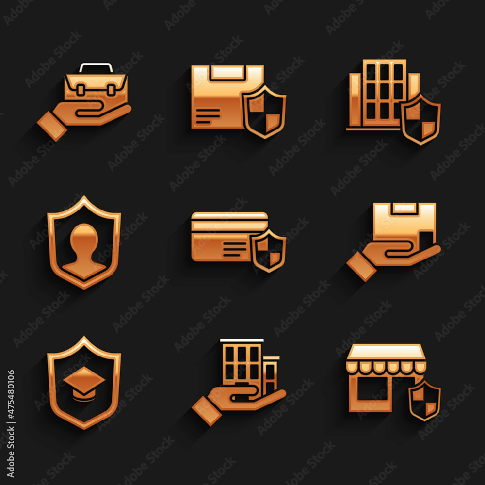 Set Credit card with shield, House insurance, Shopping building, Delivery, Graduation cap, Life, and Hand holding briefcase icon. Vector Set Credit card with shield, House insurance, Shopping building, Delivery, Graduation cap, Life, and Hand holding briefcase icon. Vector