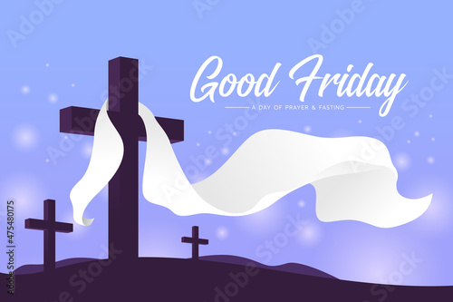 Good friday a day of prayer and fasting - White cloth wave hung on Cross crucifix, soft purple tone style design