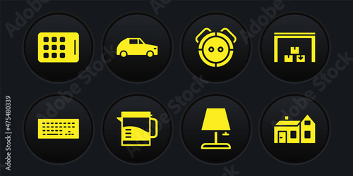 Set Keyboard, Warehouse, Electric kettle, Table lamp, Robot vacuum cleaner, Car, House and Graphic tablet icon. Vector