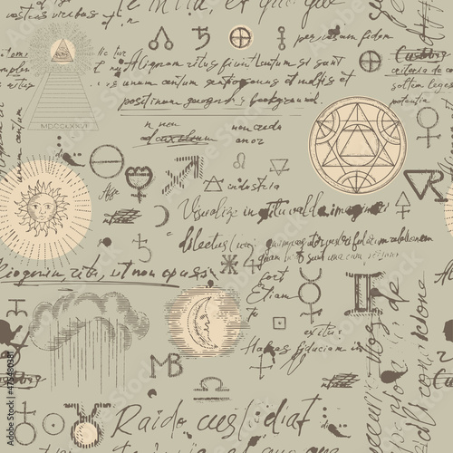 Seamless esoteric pattern. Alchemy, magic, witchcraft and mysticism are esoteric symbols. Background from a manuscript with occult sketches and careless handwritten text in retro style