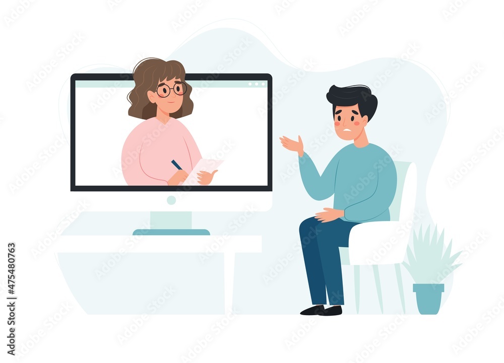Psychotherapy online - man talking to psychologist on the screen. Mental health concept, vector illustration in flat style Psychotherapy online - man talking to psychologist on the screen. Mental health concept, vector illustration in flat style