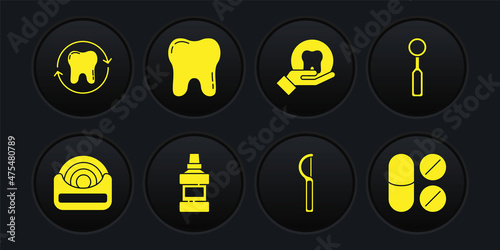 Set Dental floss, inspection mirror, Mouthwash bottle, Tooth, Painkiller tablet and whitening icon. Vector