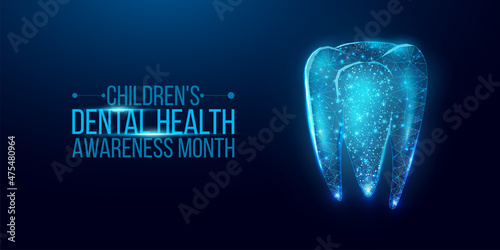 Children's Dental Health Month banner. Dentistry services, teeth treatment, care, stomatology concept. Dark blue background. Vector illustration.