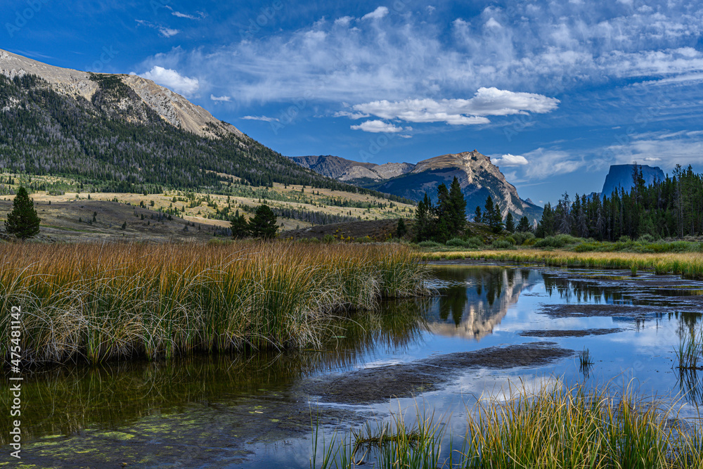 USA, Wyoming. White Rock Mountain and Squaretop Peak above Green River wetland, Wind River Mountains