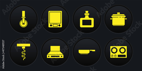 Set Wine corkscrew, Cooking pot, Kitchen extractor fan, Frying pan, Sauce bottle, Electronic scales, Gas stove and Pizza knife icon. Vector
