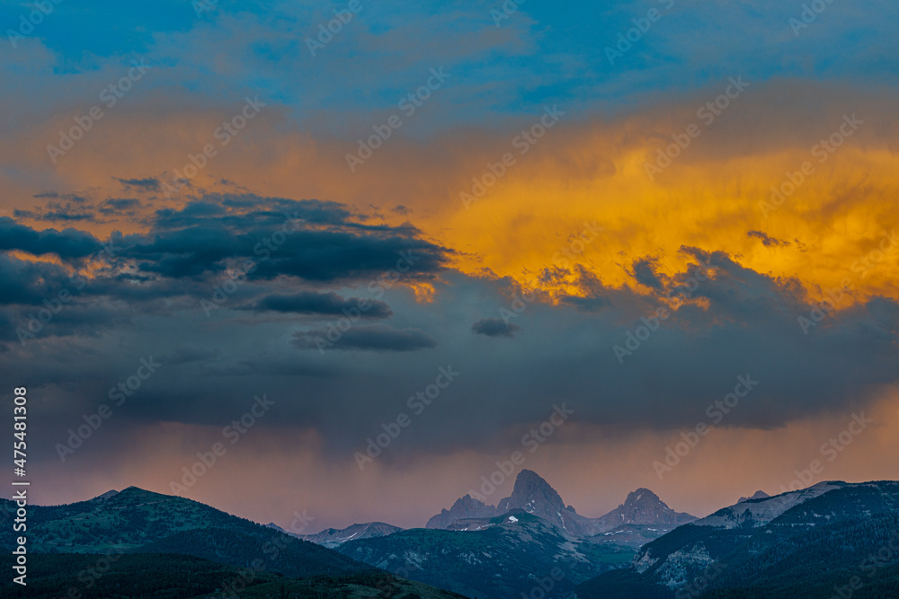 USA, Wyoming. Dramatic sky at sunset over Grand Teton, west side of Teton Mountains