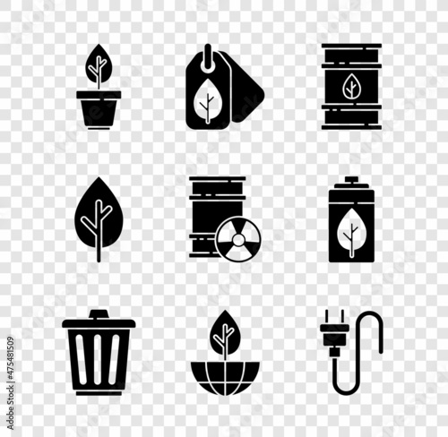 Set Plant in pot, Tag with leaf, Bio fuel barrel, Trash can, Earth globe and plant, Electric plug, Tree and Radioactive waste icon. Vector