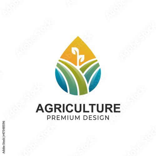 eco green farm droplets logo. agriculture farmer garden with plant nature logo design vector template