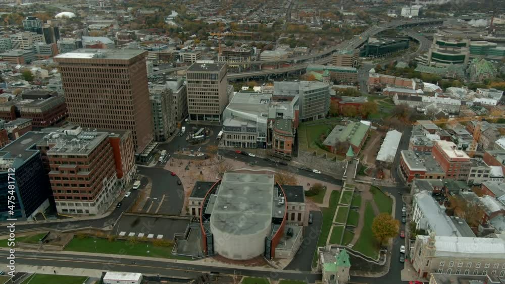 Panoramic View Over Quebec City Marriott Downtown And Stationnement Place D’Youville In Canada. Aerial Drone Panoramic View Over Quebec City Marriott Downtown And Stationnement Place D’Youville In Canada. Aerial Drone