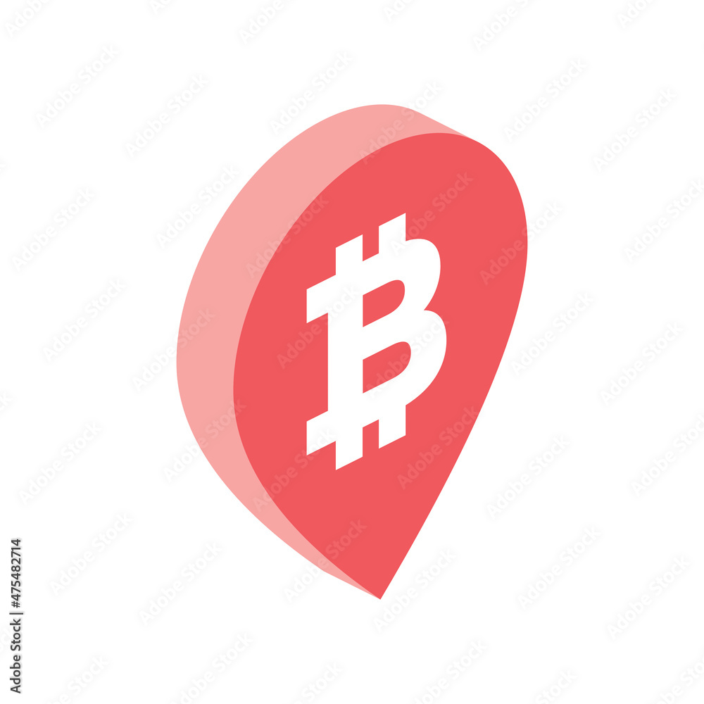 Obraz premium Bitcoin map red label pin location. Vector 3d line isometric, color web icons, new flat style. Creative design idea for infographics.