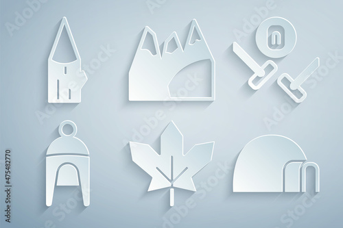 Set Canadian maple leaf, Curling sport game, Winter hat, Igloo ice house, Mountains and Wooden log icon. Vector
