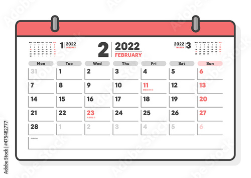 2022年2月の日本の祝日入りカレンダー - 月曜始まりのシンプルな月めくりカレンダー - マンスリー
