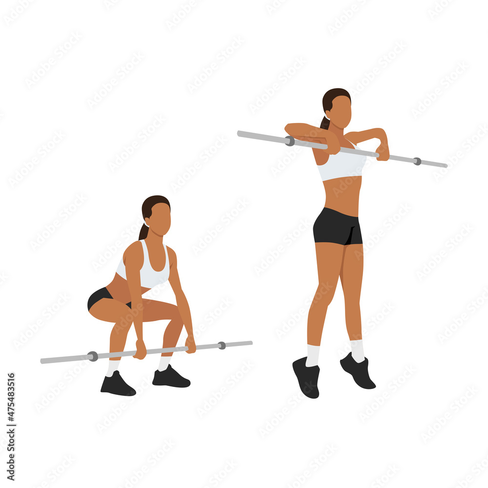 Woman doing Barbell high pull exercise. Flat vector illustration isolated on white background Woman doing Barbell high pull exercise. Flat vector illustration isolated on white background