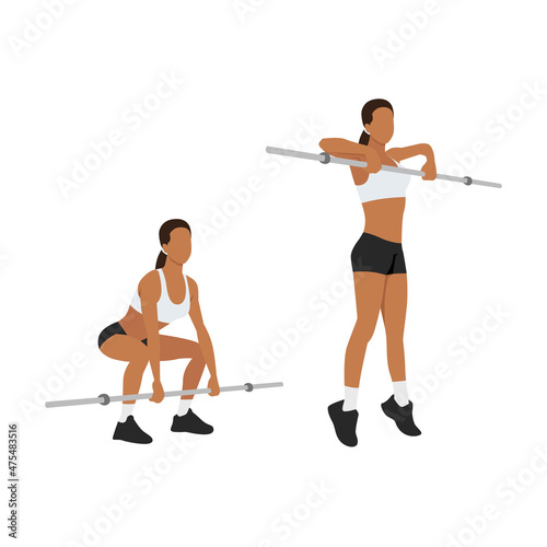 Woman doing Barbell high pull exercise. Flat vector illustration isolated on white background 