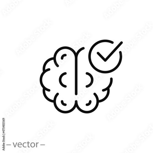 health brain check icon, psychology doctor survey, good mind, knowledge tick, thin line symbol - editable stroke vector illustration