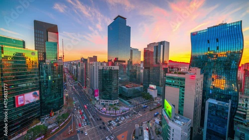 Beautiful Sunset,Top view traffic at Gangnam City in Seoul, South Korea.Time lapse 4K