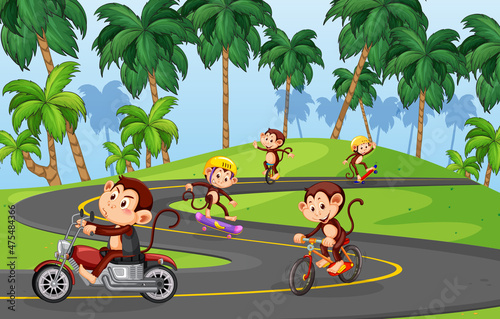 Road scene with monkey cartoon character