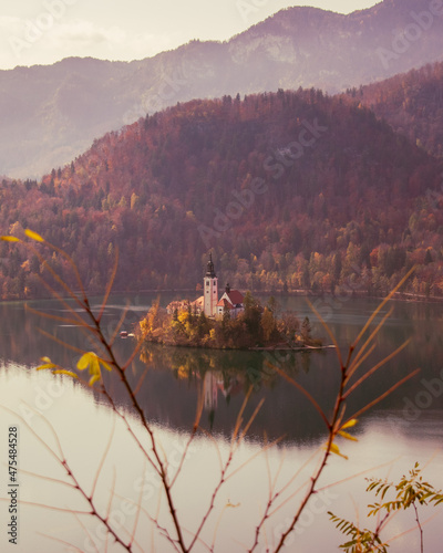 Pilgrimage Church of the Assumption of Maria on a small island at Lake Bled in Slovenia photo