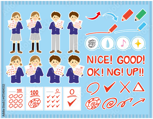テスト用紙を持った学生　勉強　テスト　フキダシ　アイコンセット