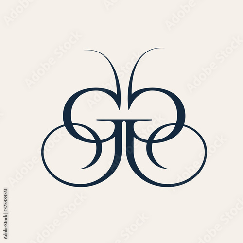 GG monogram logo.Calligraphic signature icon.Decorative letter g butterfly.Lettering sign isolated on light fund.Fashion, design, beauty alphabet initials.Elegant, luxury style.