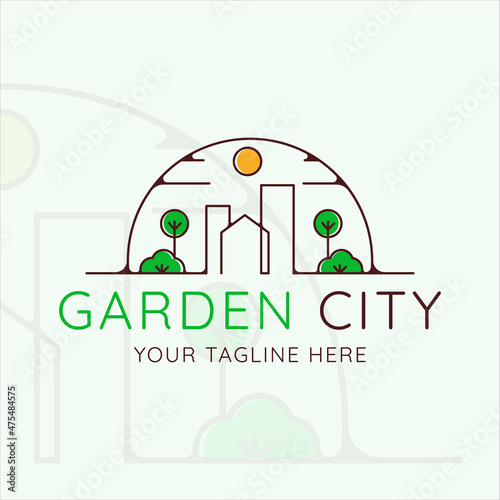 garden city logo modern line art vector illustration template icon graphic design. architecture and building with tree and sun symbol or sign for real estate business
