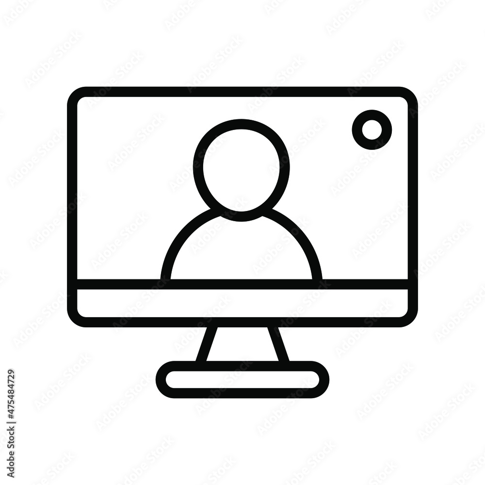 Desktop computer with a live broadcast on a social streaming channel with a symbol of a person having a video call or online conference meeting. Vector line icon. Expanded stroke. Desktop computer with a live broadcast on a social streaming channel with a symbol of a person having a video call or online conference meeting. Vector line icon. Expanded stroke.