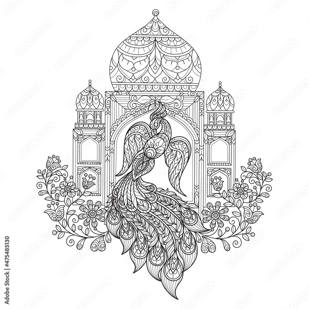 Peacock and castle. Hand drawn sketch illustration for adult coloring book