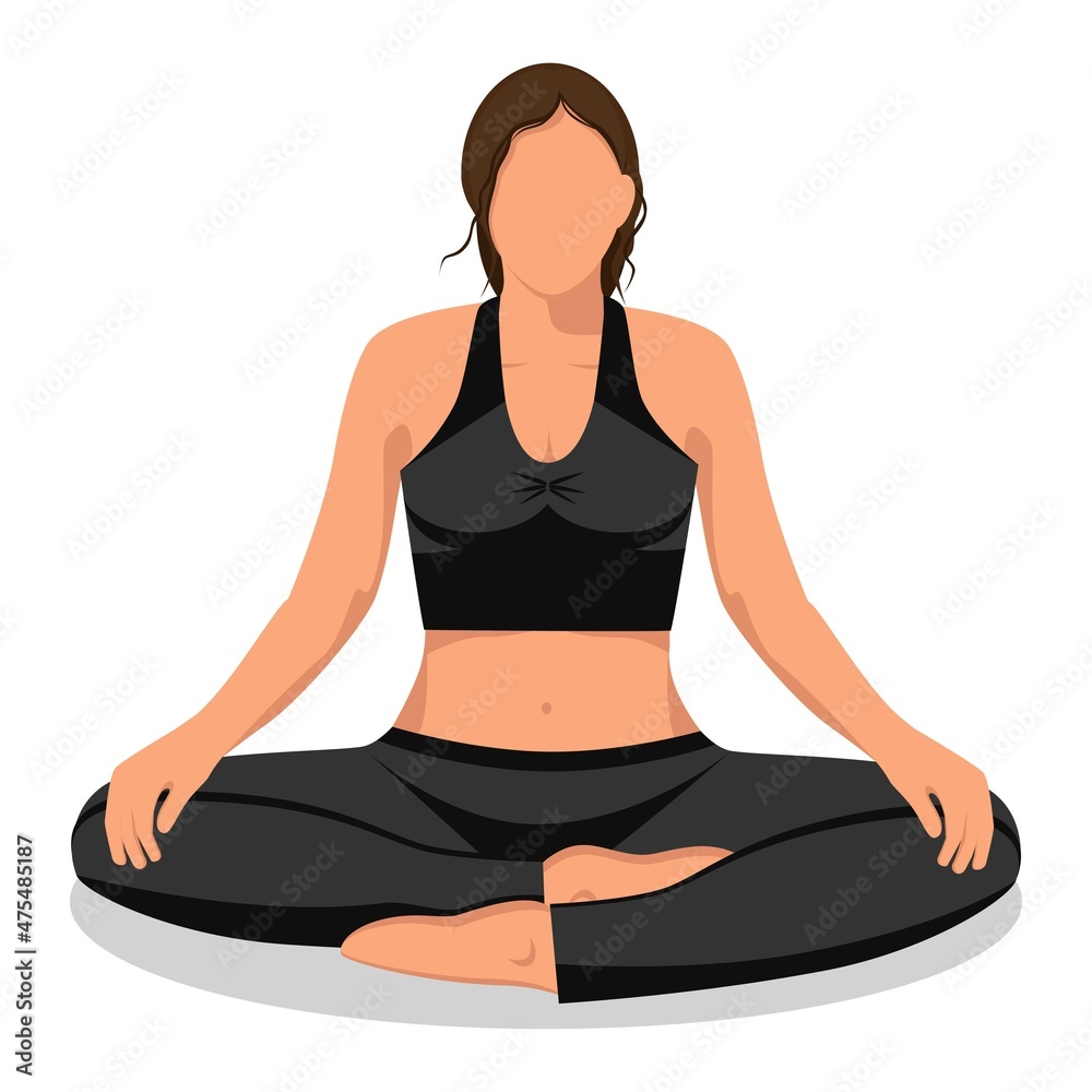 Yogi Girl. Faceless character in lotus pose. Can be used for collage banners, stickers, ads, magazines, articles, web design. Graphics. Vector.