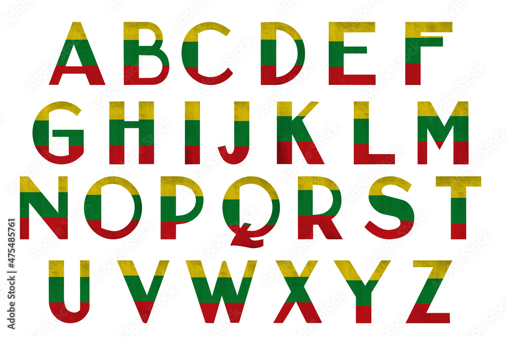 World countries. Universal Latin alphabet in colors of national flag. Lithuania