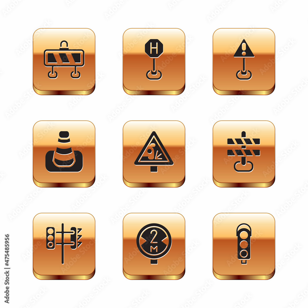Set Road barrier, Traffic light, traffic sign, Warning road, cone, Exclamation mark triangle, and Hospital icon. Vector Set Road barrier, Traffic light, traffic sign, Warning road, cone, Exclamation mark triangle, and Hospital icon. Vector