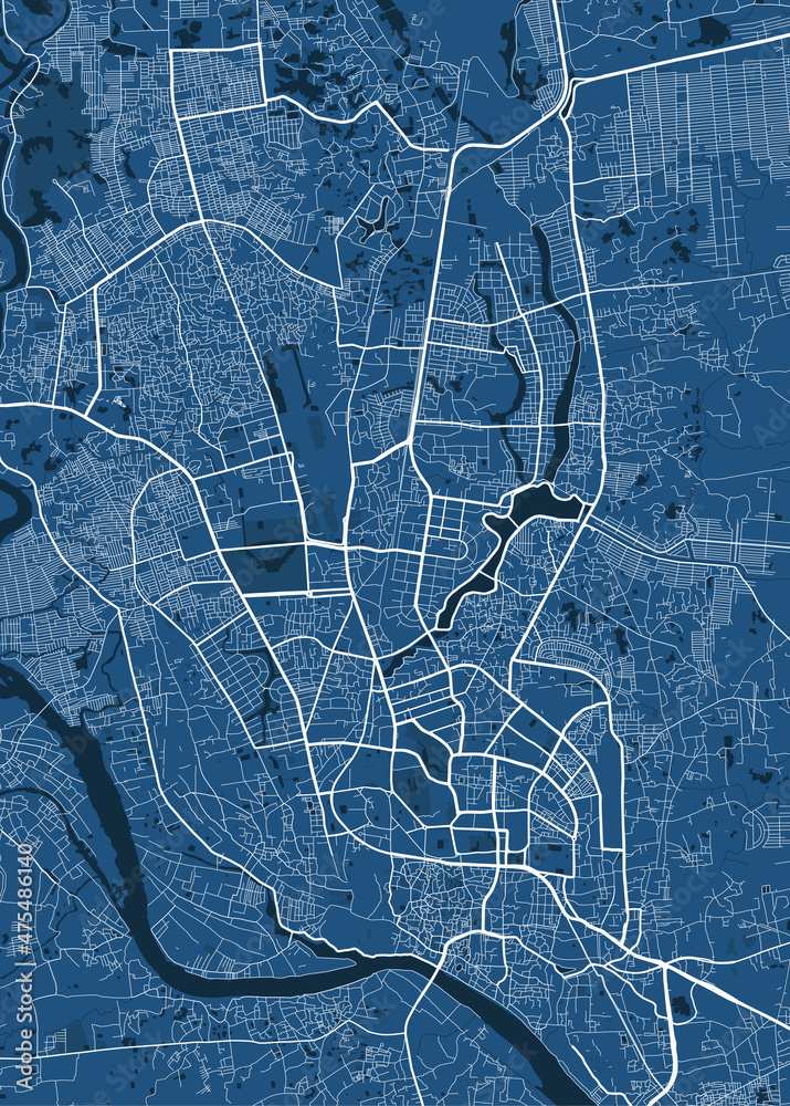 Detailed vector map poster of Dhaka city, linear print map. Blue