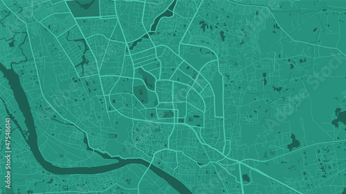 Green Dhaka City area vector background map, streets and water cartography illustration.