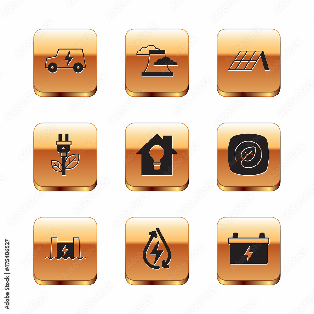 Set Electric car, Hydroelectric dam, Water energy, Smart house and light bulb, saving plug in leaf, Solar panel, Car battery and Nuclear power plant icon. Vector Set Electric car, Hydroelectric dam, Water energy, Smart house and light bulb, saving plug in leaf, Solar panel, Car battery and Nuclear power plant icon. Vector