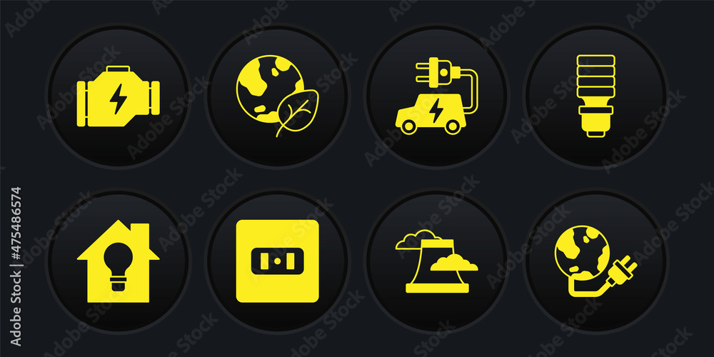 Set Smart house and light bulb, LED, Electrical outlet, Nuclear power plant, car, Earth globe leaf, Global energy planet and Check engine icon. Vector Set Smart house and light bulb, LED, Electrical outlet, Nuclear power plant, car, Earth globe leaf, Global energy planet and Check engine icon. Vector