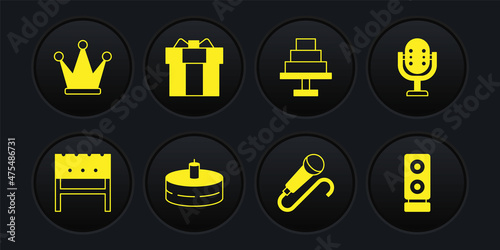 Set BBQ brazier, Microphone, Cake with burning candles, Gift box, Stereo speaker and Crown icon. Vector