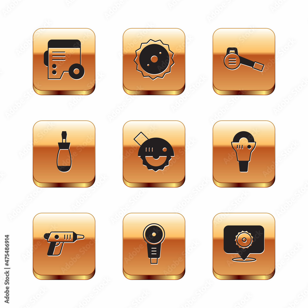 Set Power electric generator, Electric cordless screwdriver, Angle grinder, circular saw, Screwdriver, Leaf garden blower, Circular blade and icon. Vector Set Power electric generator, Electric cordless screwdriver, Angle grinder, circular saw, Screwdriver, Leaf garden blower, Circular blade and icon. Vector