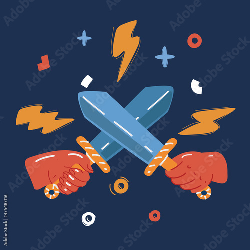 Cartoon vector illustration of hands holds sword and fighting