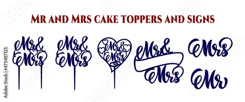 Set of cake toppers Mr and Mrs. wedding signs. Hand script calligraphy lettering