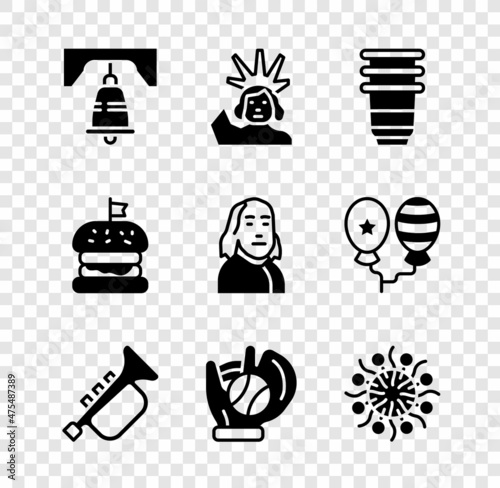 Set Liberty bell in Philadelphia, Statue of, Paper glass, Trumpet, Baseball glove with ball, Firework, Burger and Benjamin Franklin icon. Vector